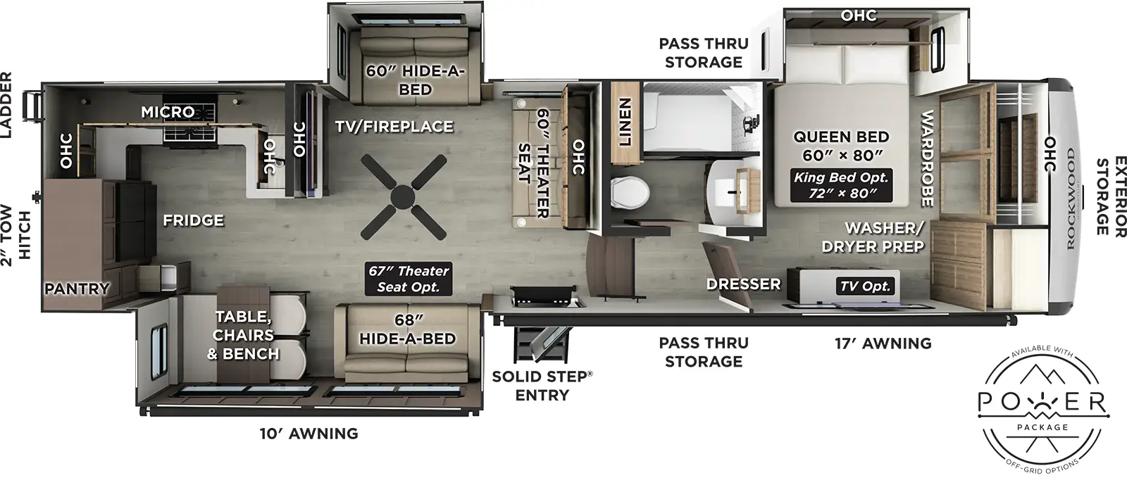 The Rockwood Signature Fifth Wheels R371RK floorplan has one entry and three slide outs. Exterior features include: fiberglass exterior and 11' & 17' awning. Interiors features include: rear kitchen and front bedroom.